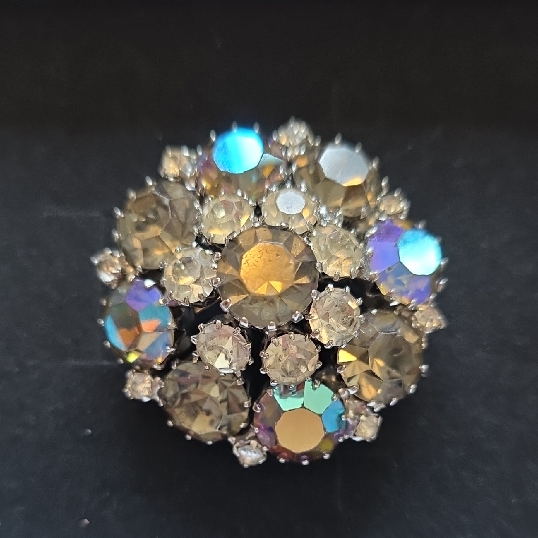 Vintage 50s Clear Blue Green Aurora Borealis Rhinestone Costume Jewelry Brooch